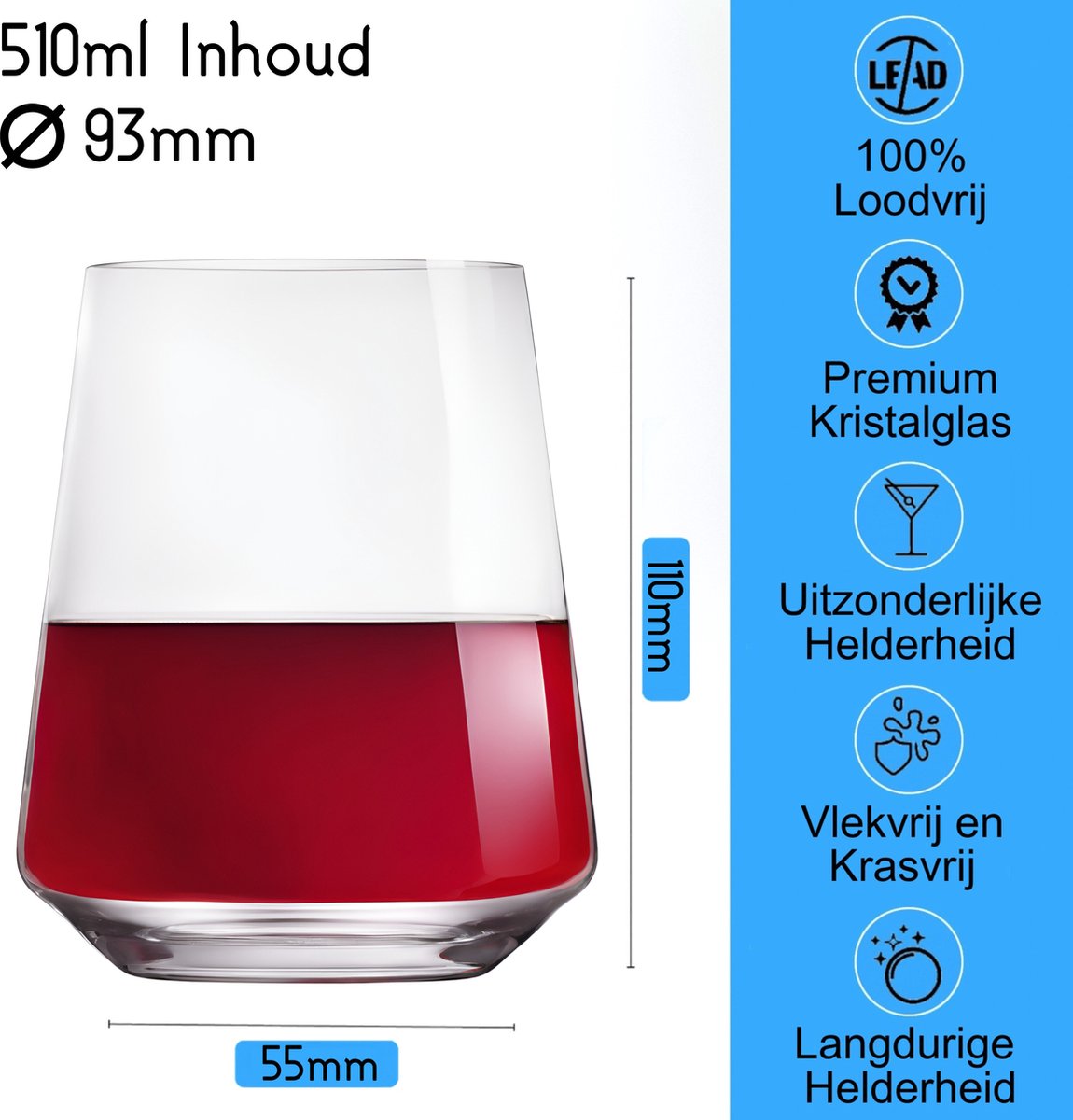 TEN® Elite Wijnglas zonder Voet 510ml