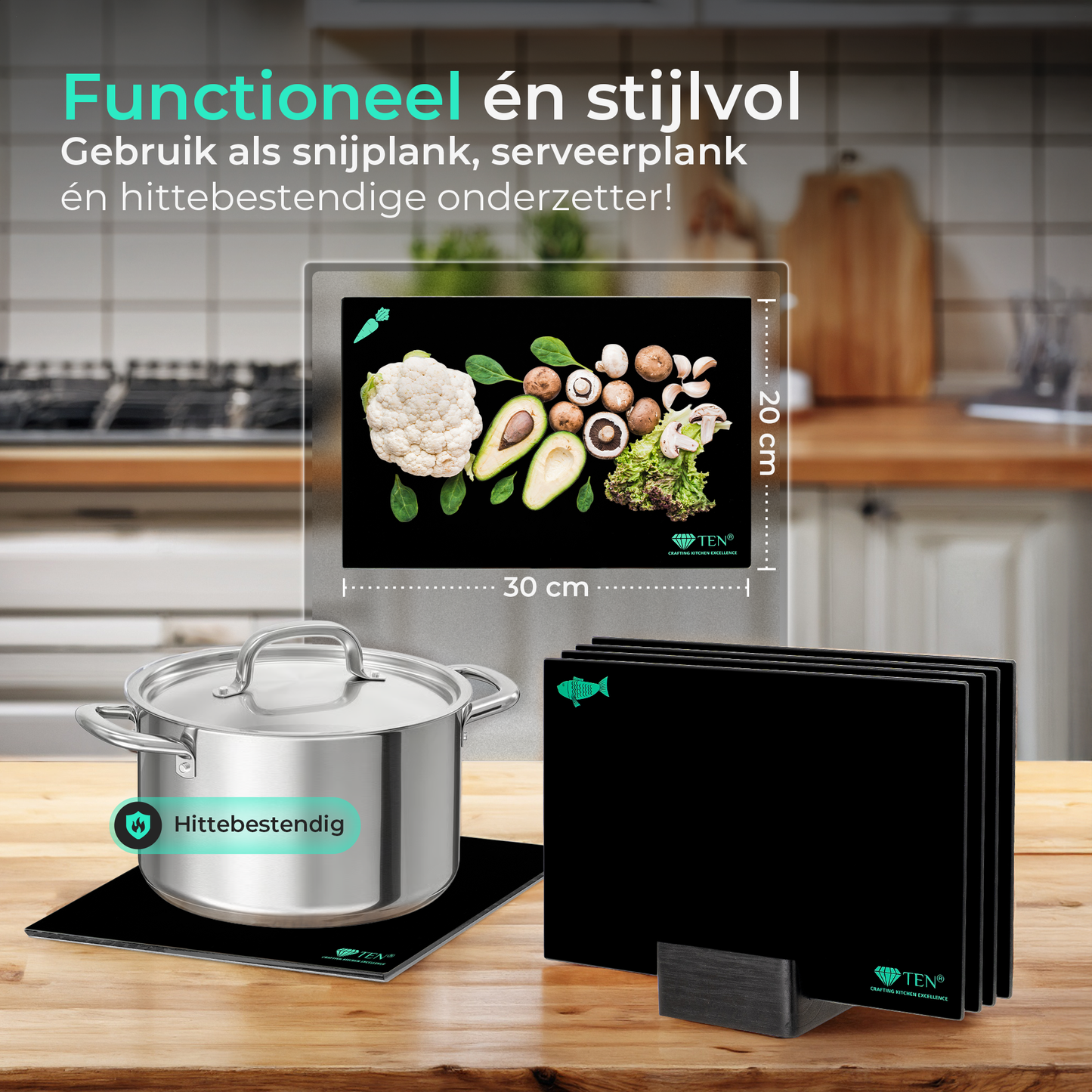 TEN® - Glazen Snijplankenset met Houder - MICROPLASTIC Vrij - 20x30cm Zwart