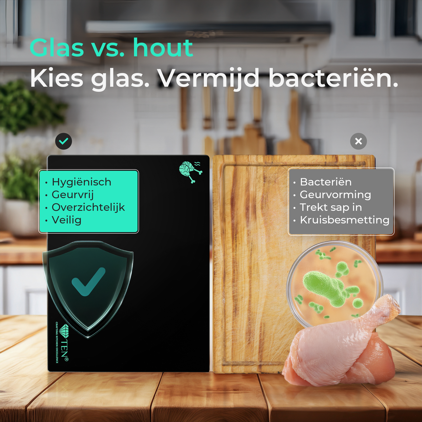TEN® - Glazen Snijplankenset met Houder - MICROPLASTIC Vrij - 20x30cm Zwart