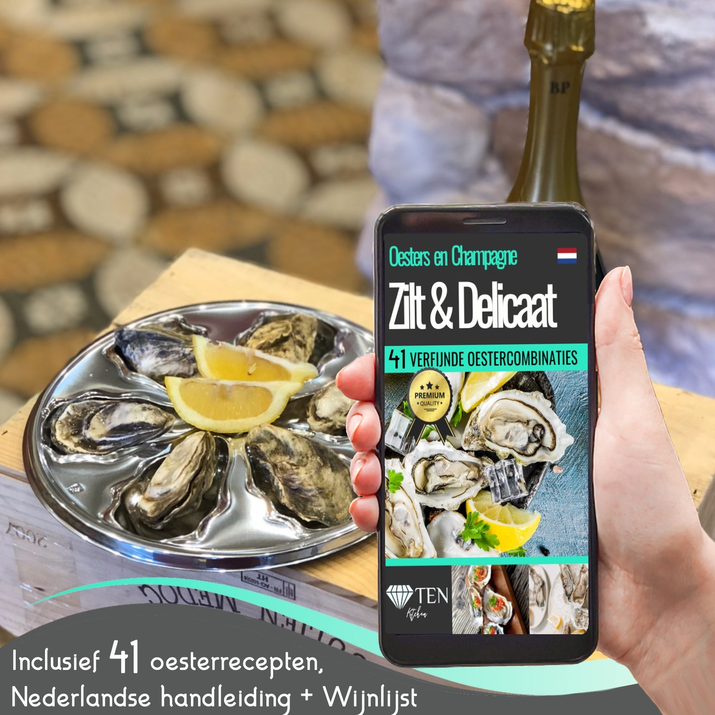 TEN® - Oester geschenkset Oestermes Bruin met RVS Oesterhandschoen + Oesterplaatje