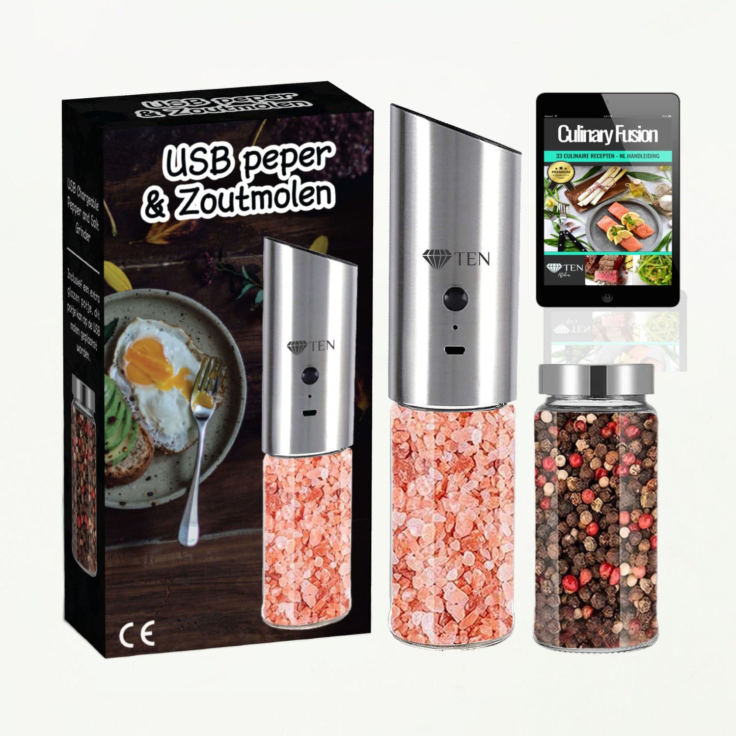 TEN® - Peper & Zoutmolens - Oplaadbaar Inclusief USB kabel - Tenkitchen.store