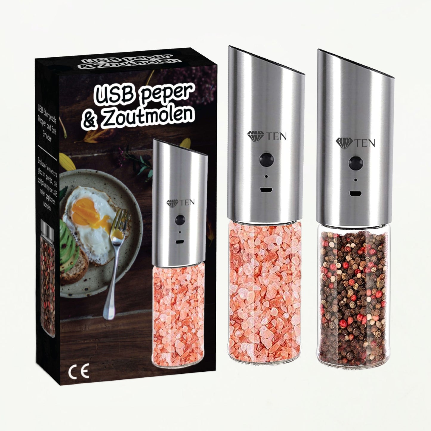 TEN® - Peper & Zoutmolens - Oplaadbaar Inclusief USB kabel - Tenkitchen.store
