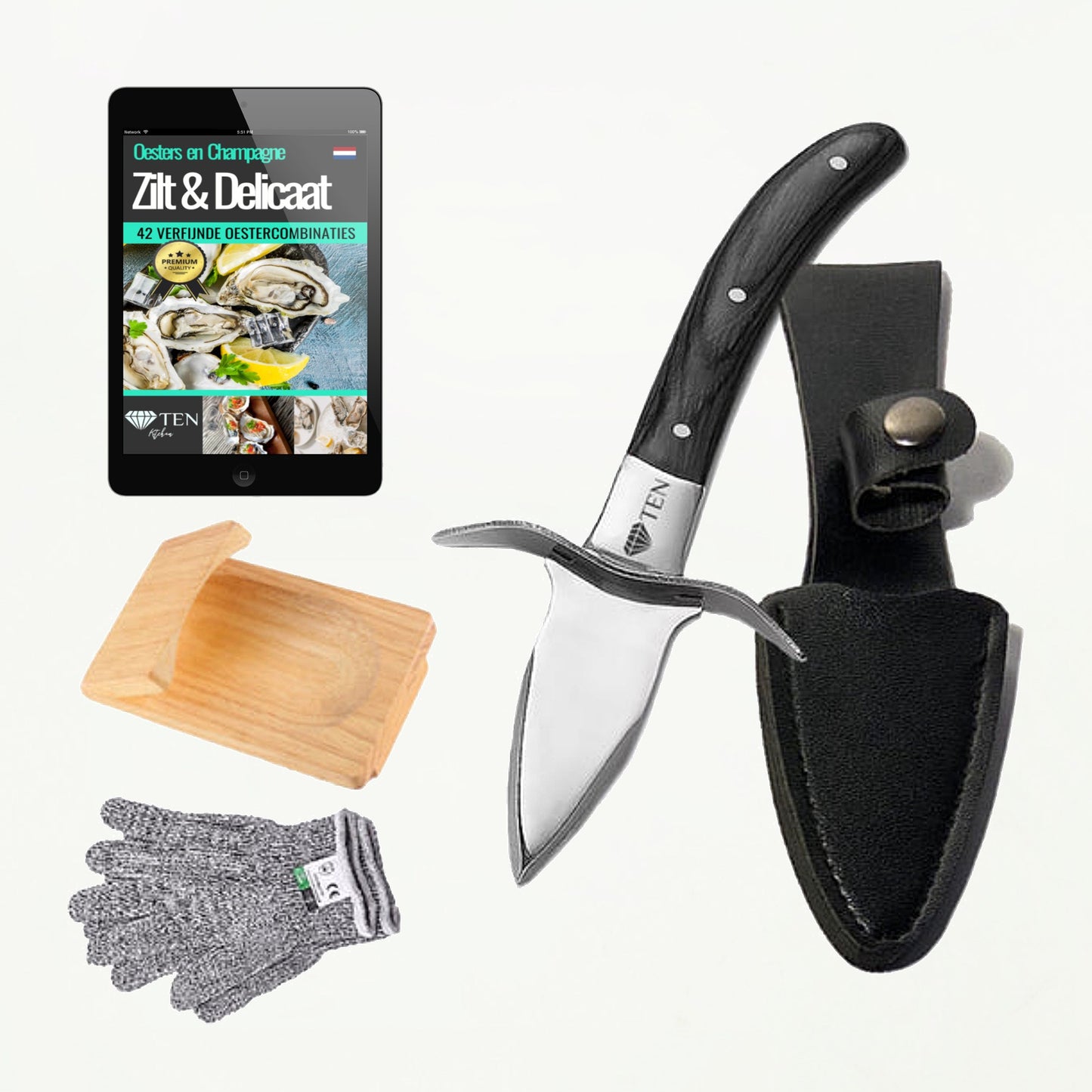 TENĀ® - Oestermes en Oesterhandschoenen met Oesterhouder - Zwart