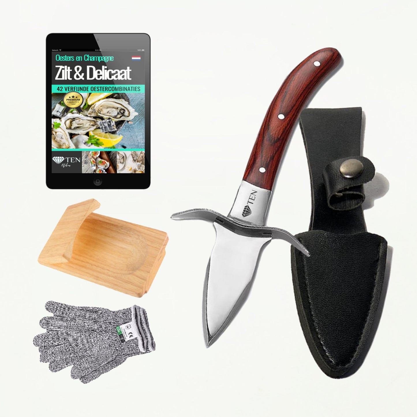 TEN® - Oestermes en Oesterhandschoenen met Oesterhouder - Bruin
