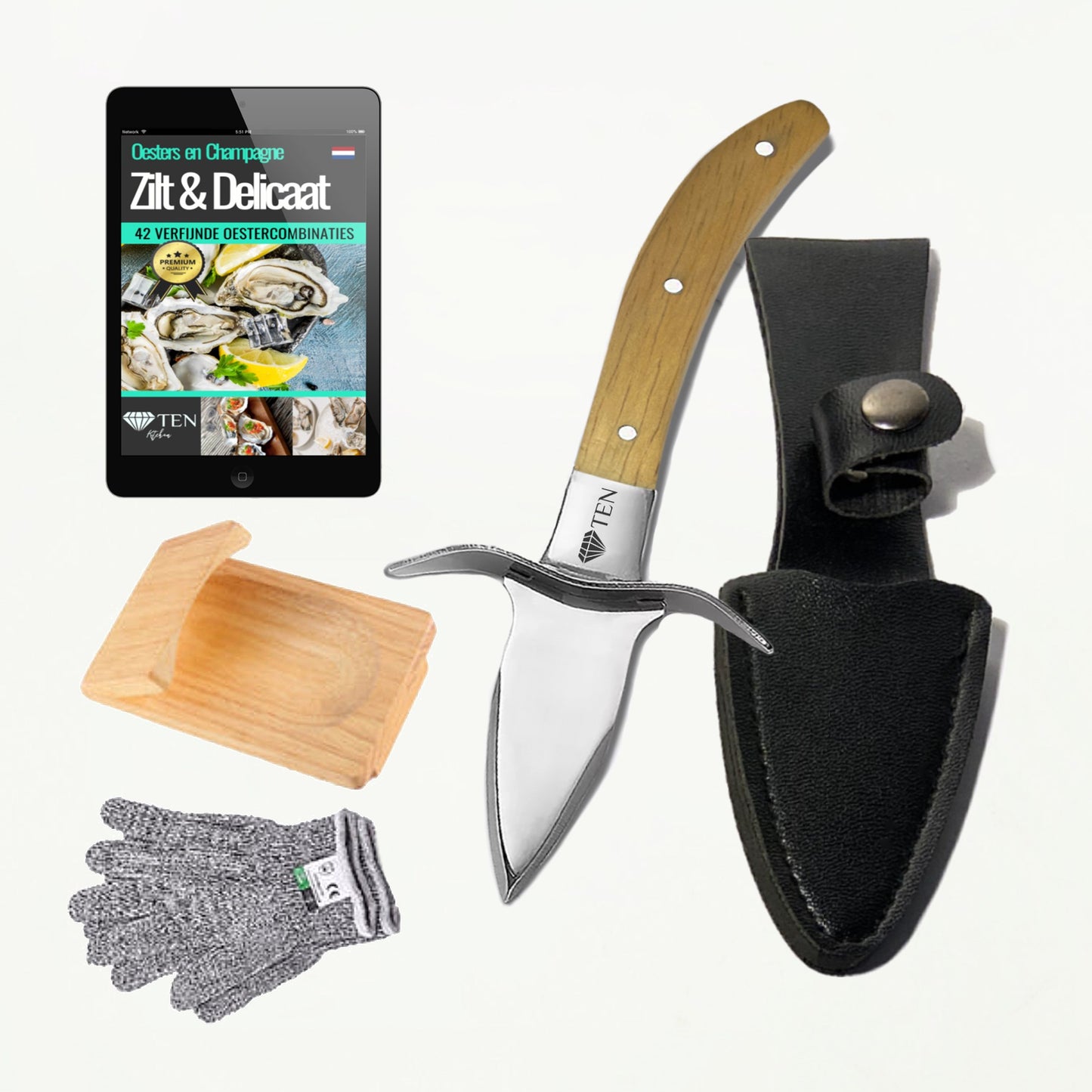 TENĀ® - Oestermes en Oesterhandschoenen met Oesterhouder - Geel