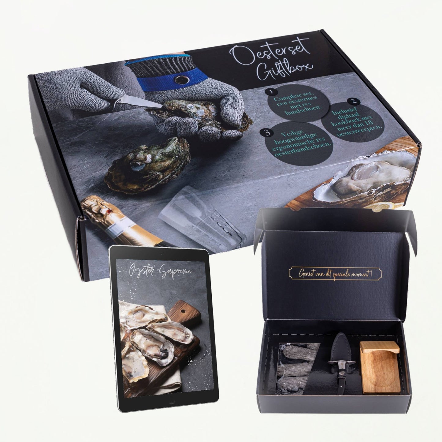 TEN® - Geschenkset Oestermes Zwart met RVS Oesterhandschoen + Houten Oesterhouder