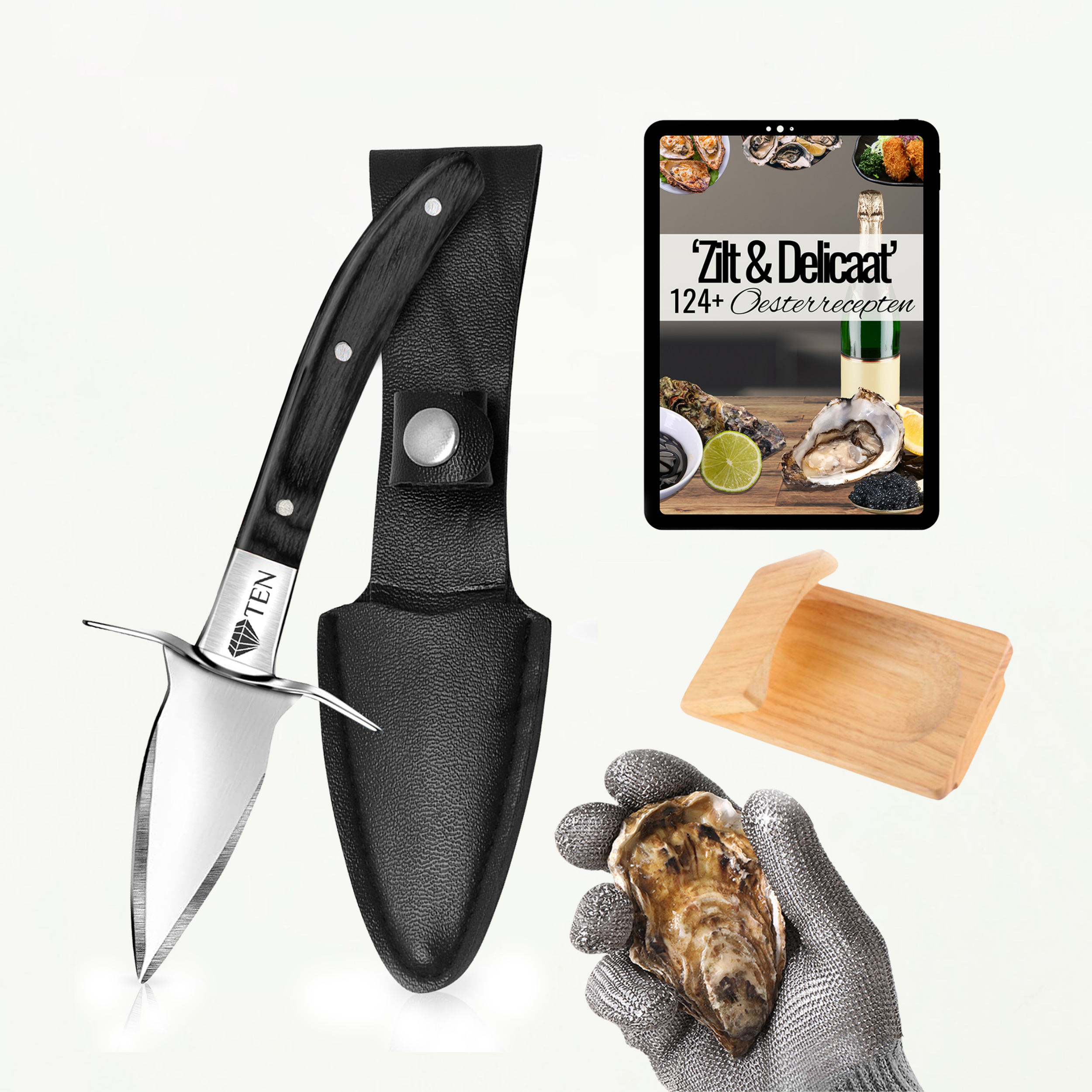 TEN® Oesterset 4-delig - Oestermes met RVS Oesterhandschoen - Zwart - Tenkitchen.store
