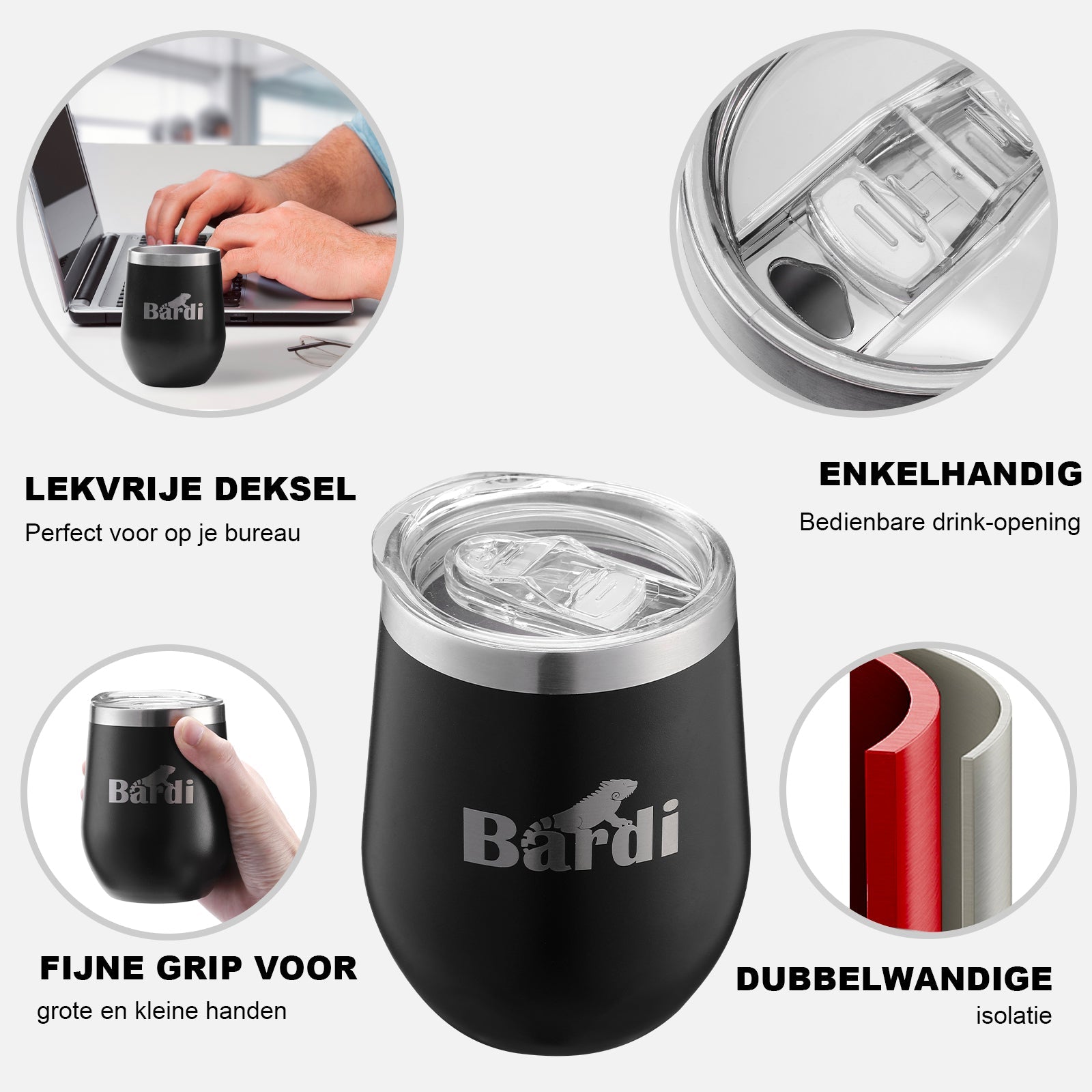 Bardi Thermosbekers 0,3L RVS zwart set -  incl. deksels - dubbelwandig