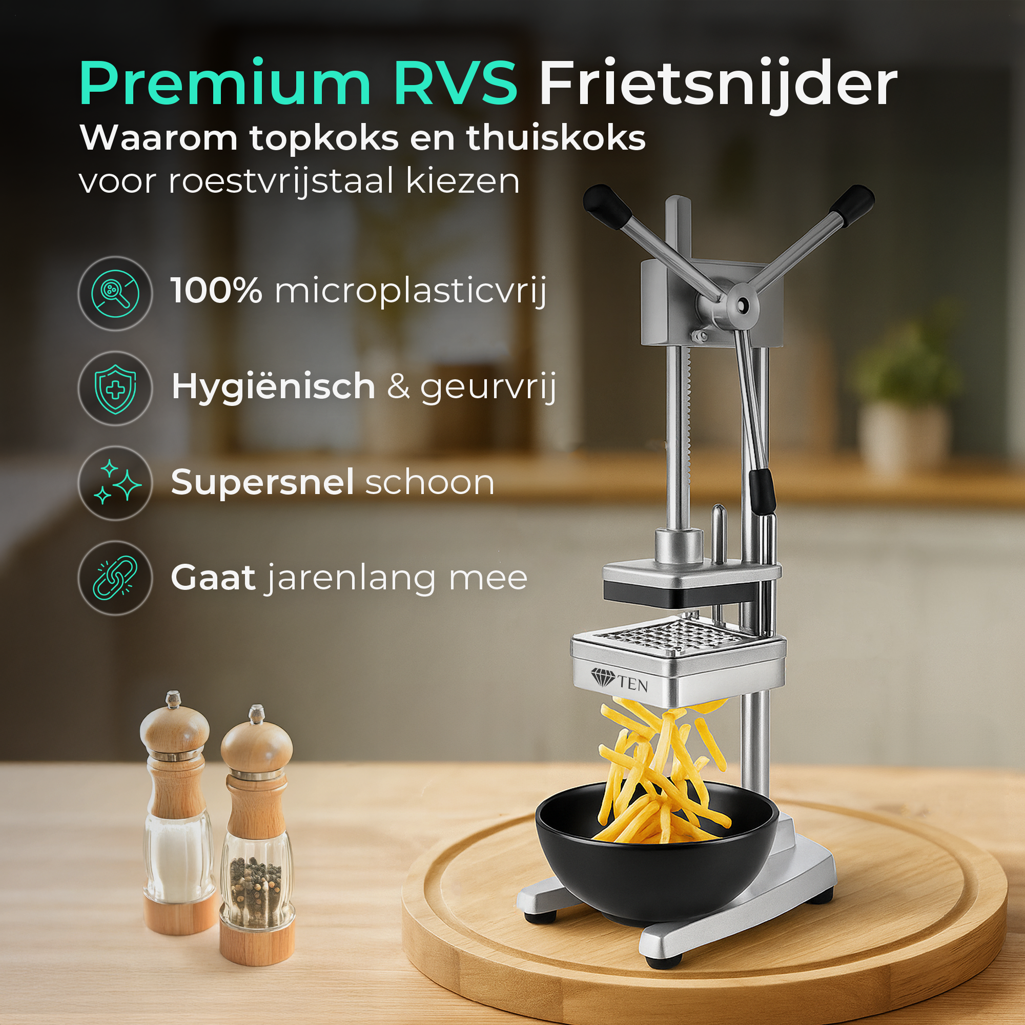 TEN® - Frietsnijder XXL - Frites zelf bakken - RVS - Tenkitchen.store