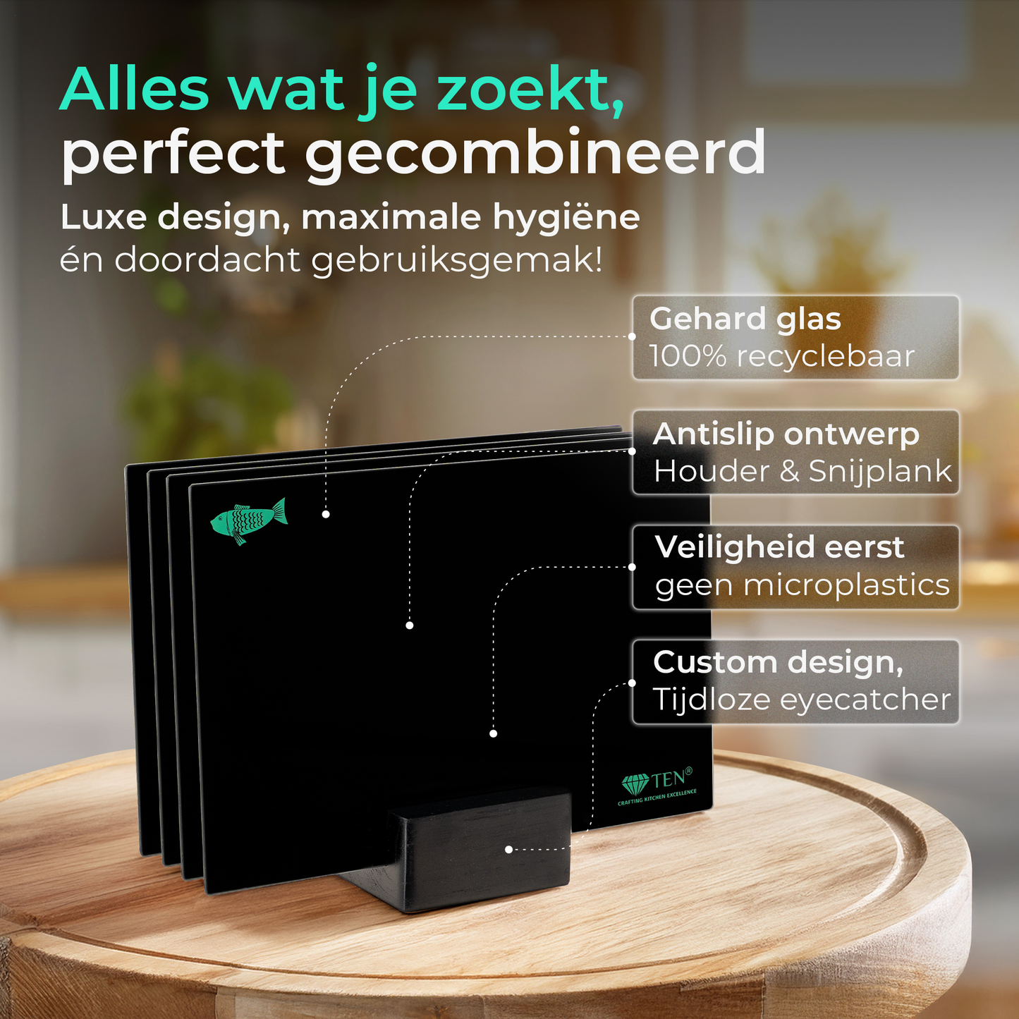 TEN® - Glazen Snijplankenset met Houder - MICROPLASTIC Vrij - 20x30cm Zwart