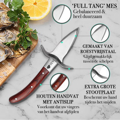 TEN® Oesterset 4-delig - Oestermes met RVS Oesterhandschoen - Bruin