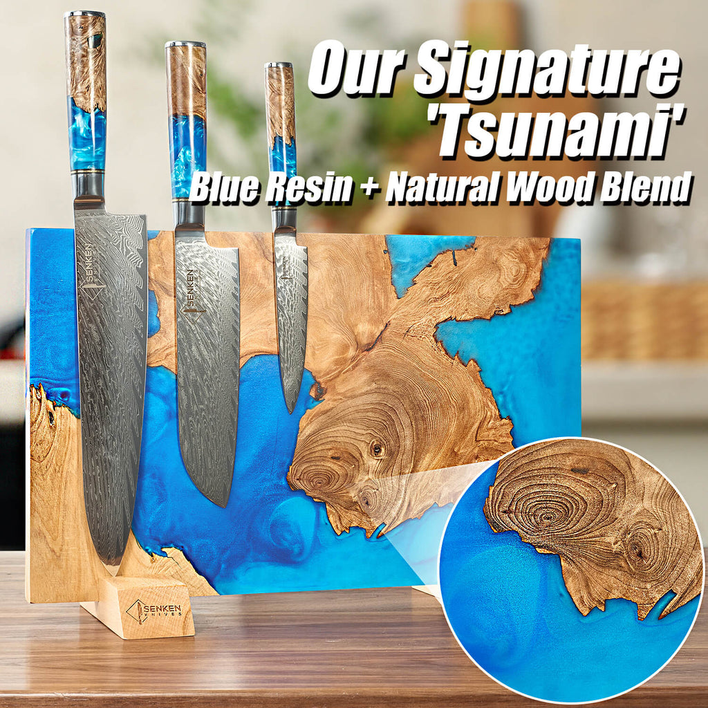 Tsunami Extra Groot Magnetisch Messenblok — Blauw Hars Burl Hout