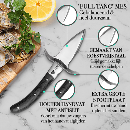 TEN® Oesterset 4-delig - Oestermes met RVS Oesterhandschoen - Zwart