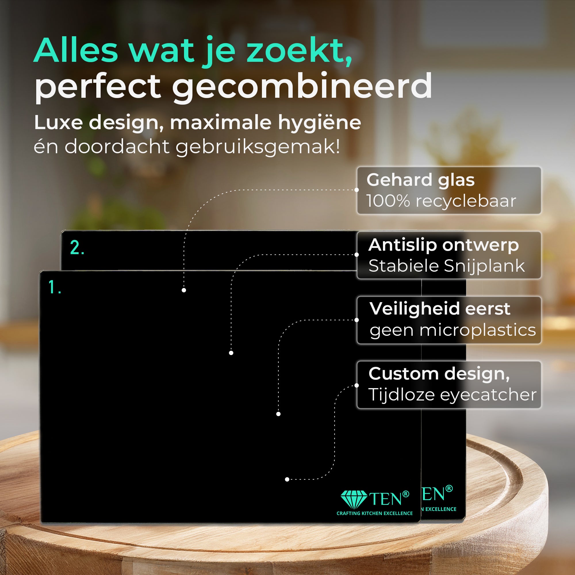TEN® - Glazen Snijplankenset met Houder - Essential set - Tenkitchen.store