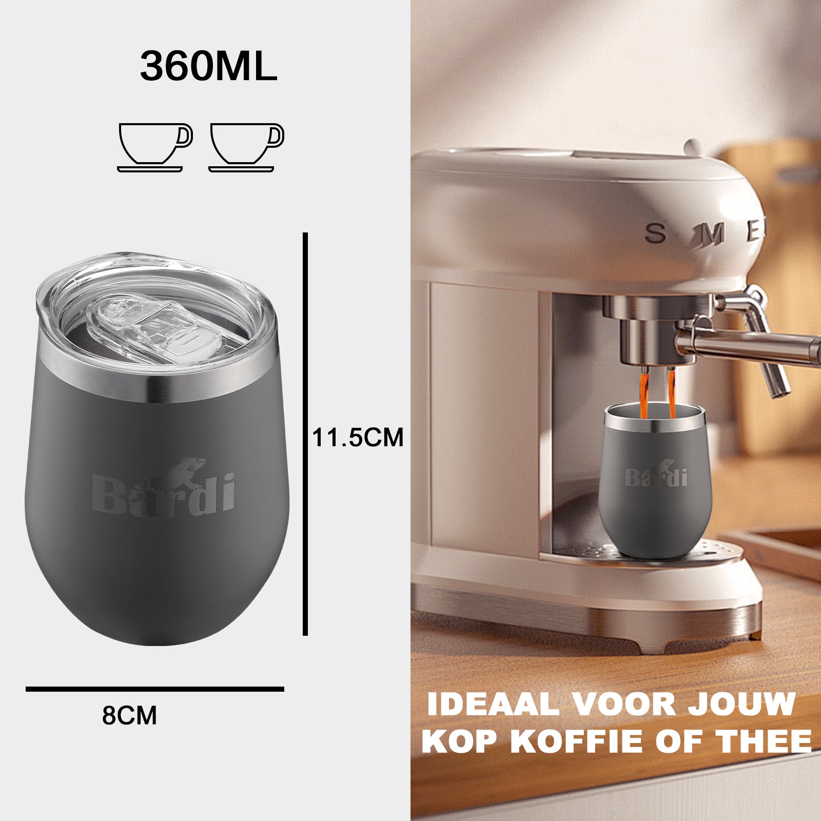 Bardi Thermosbekers 0,3L RVS grijs set -  incl. deksels - dubbelwandig