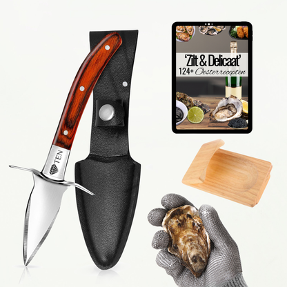 TEN® Oesterset 4-delig - Oestermes met RVS Oesterhandschoen - Bruin
