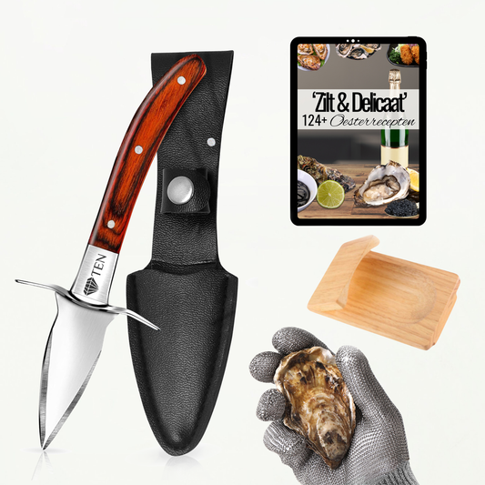 TEN® Oesterset 4-delig - Oestermes met RVS Oesterhandschoen - Bruin