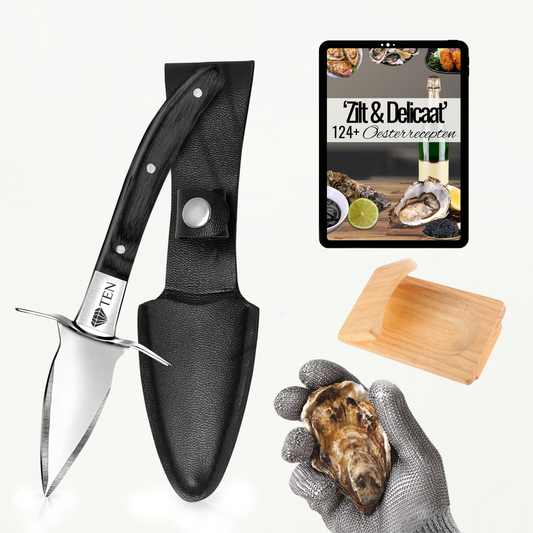 TEN® Oesterset 4-delig - Oestermes met RVS Oesterhandschoen - Zwart
